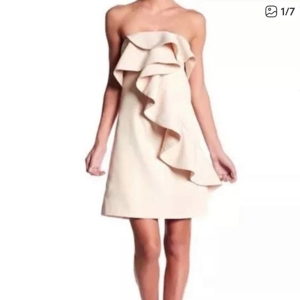 FEW MODA NEW YORK‎ Strapless Ruffle Overlay Dress Beige M